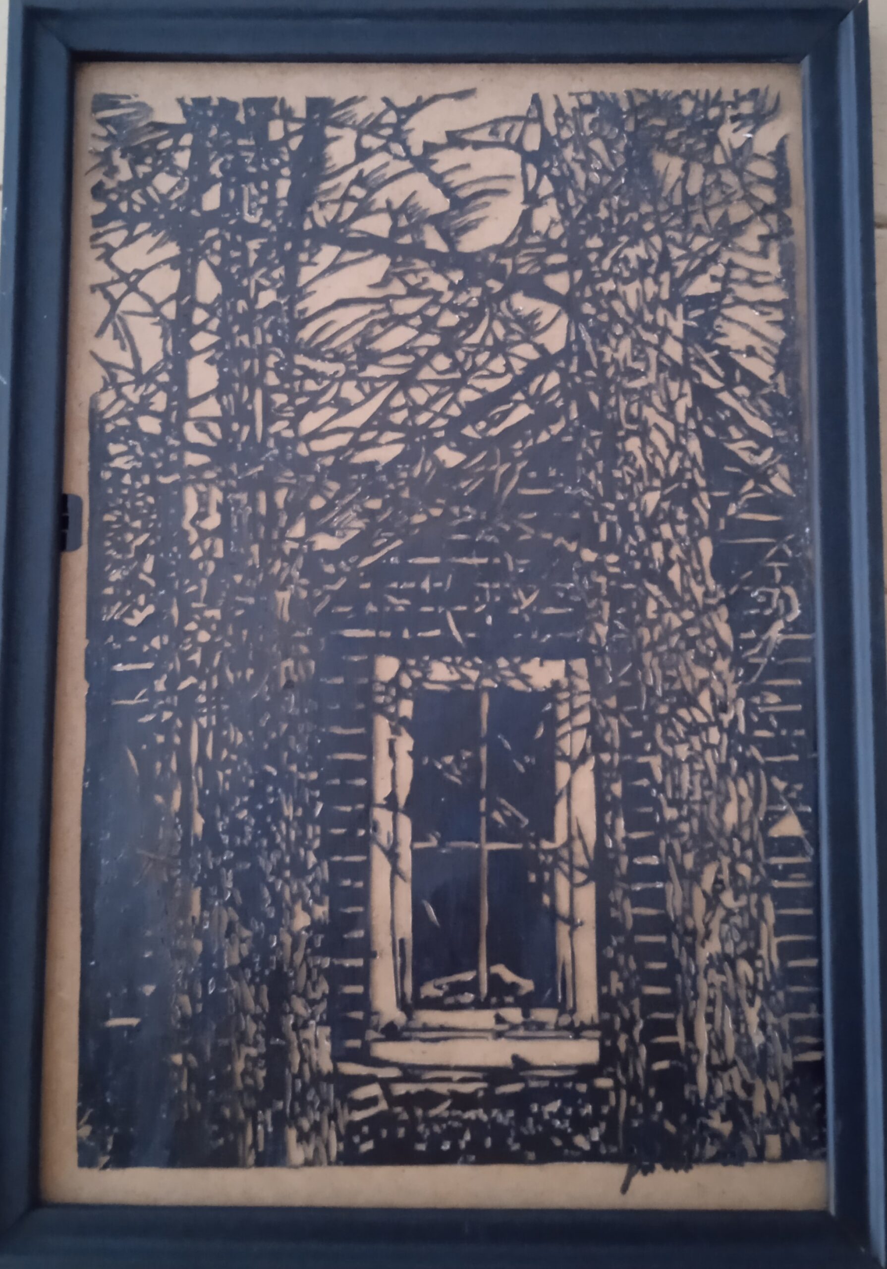 tableau d'une cabane dans la foret en papier découpé