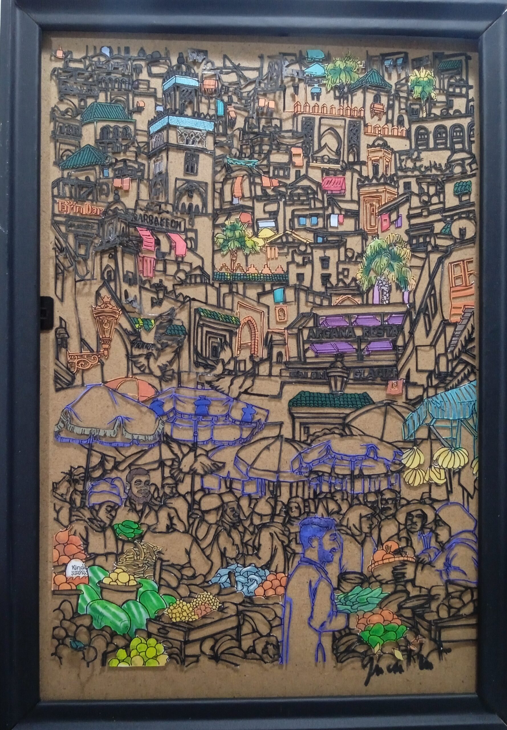 Tableau de la place jamaa el fena marakech en papier découpé