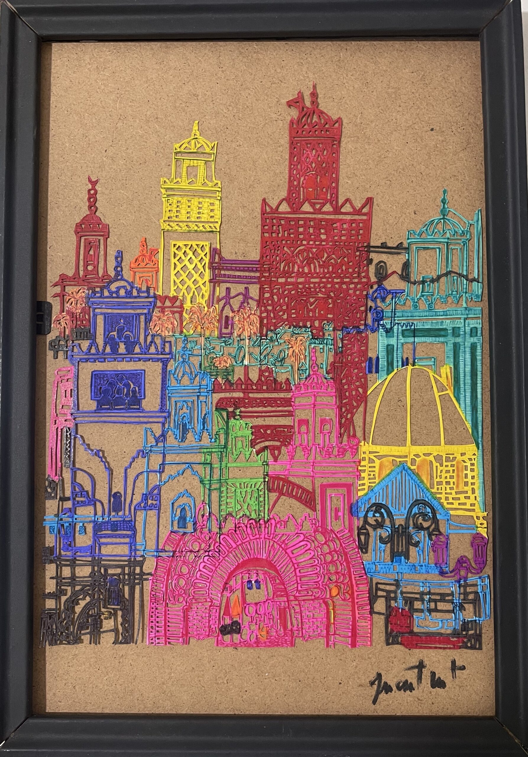 tableau des monument historique de Marrakech en papier découpé