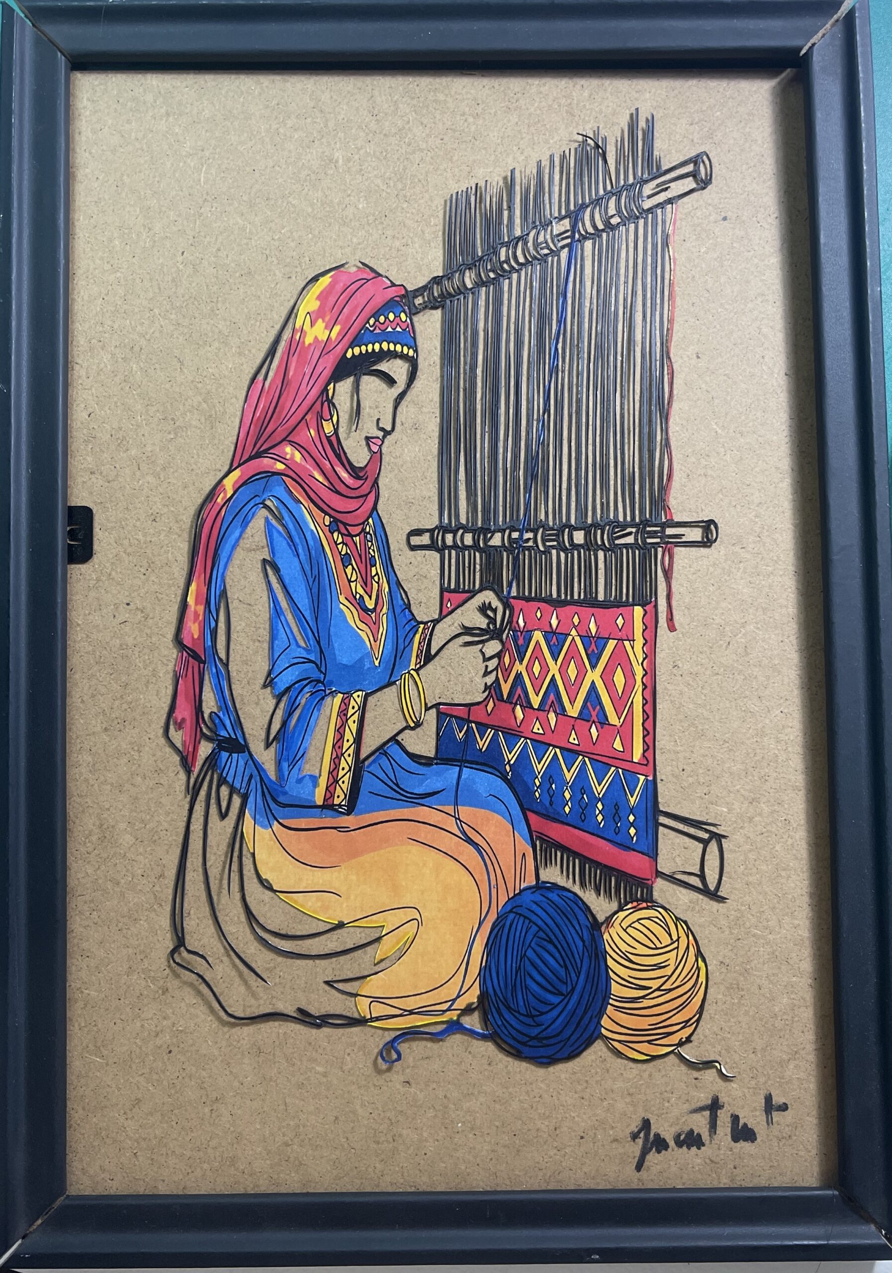 tableau d'une dame qui tisse son tapis a la main en papier découpé